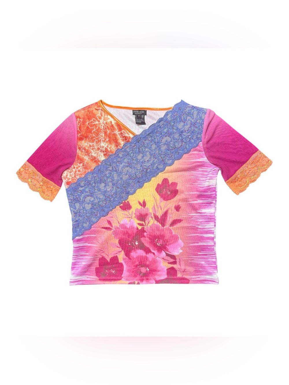 Y2K Jane Doe Lace, Mesh + Beaded Graphic Colorfil Top Size Medium